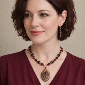 Red Poppy Jasper 20" Necklace & Earrings 2" teardrop cabochon copper wire
